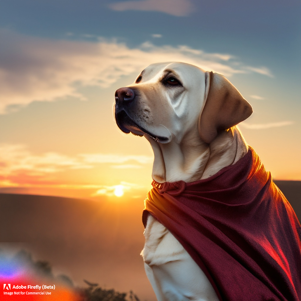 A Labrador wearing a cape looking over the sunset